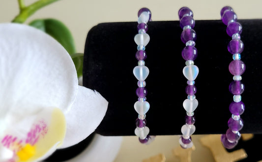 Borahae 보라해 BTS ARMY Amethyst Bracelet Seven White Hearts K-Pop Gift