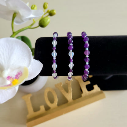 Borahae 보라해 BTS ARMY Amethyst Bracelet Seven White Hearts K-Pop Gift