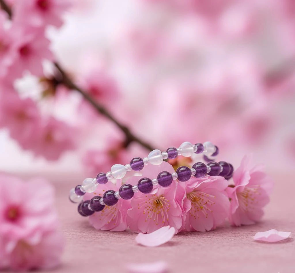 Borahae 보라해 BTS ARMY Amethyst Bracelet Seven White Hearts K-Pop Gift